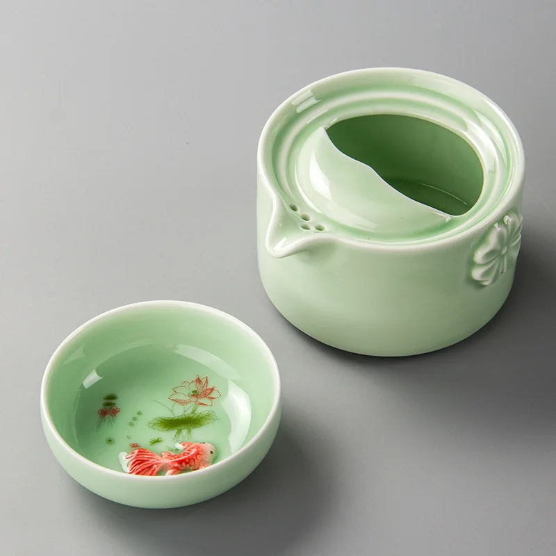 Высококачественный чайный сервиз Celadon 3D Carp gaiwan, зеленый элегантный чайный набор кунг-фу, включает 1 чайный горшок 1 чайную чашку, красивый легкий чайник