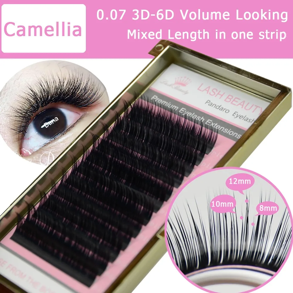 

10 Trays Camellia Eyelash 3D-6D 0.07/0.10 Volume Fan Eyelash Extensions Mixed Length in One Lash Strip Fancy Golden Lash Box