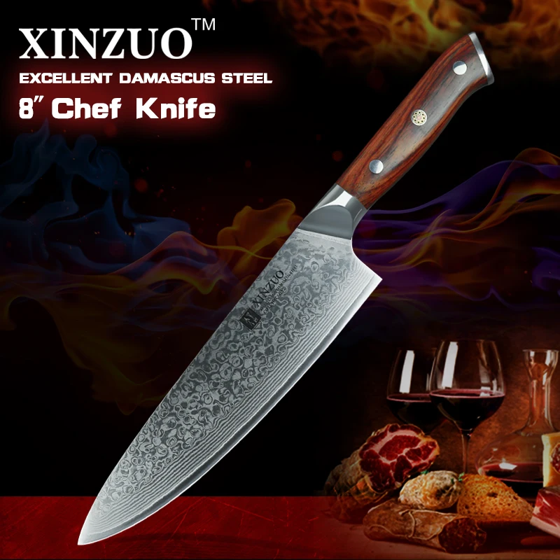 XINZUO 8 inch Chef Knives High Carbon VG10 Japanese 73 layer Damascus Kitchen Knife Stainless Steel Gyuto Knife Rose Wood Handle XINZUO 8 inch Chef Knives High Carbon VG10 Japanese 73 layer Damascus Kitchen Knife Stainless Steel Gyuto Knife Rose Wood Handle
