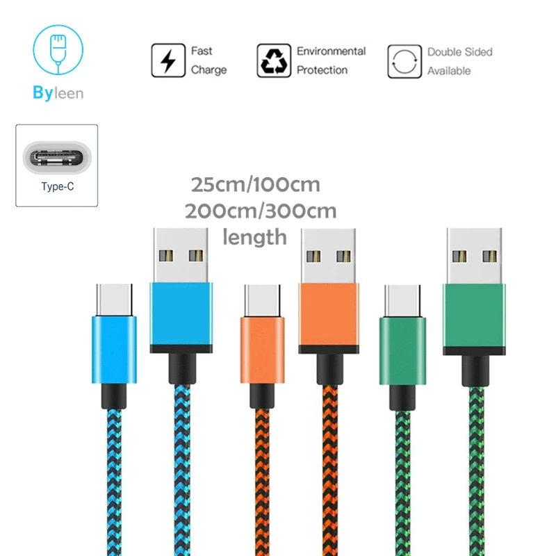 

Byleen Green Orange Blue USB Type C 3.0 Charger Line 0.25/1/2/3 Meter Data Sync Cabel for Samsung Xiaomi Huawei Mobile Phone