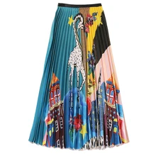 Qooth Женская длинная юбка, летние юбки, весна, роскошная плиссированная юбка с мультяшным принтом, высокая талия, цветочный принт, новинка, Saia QH1796