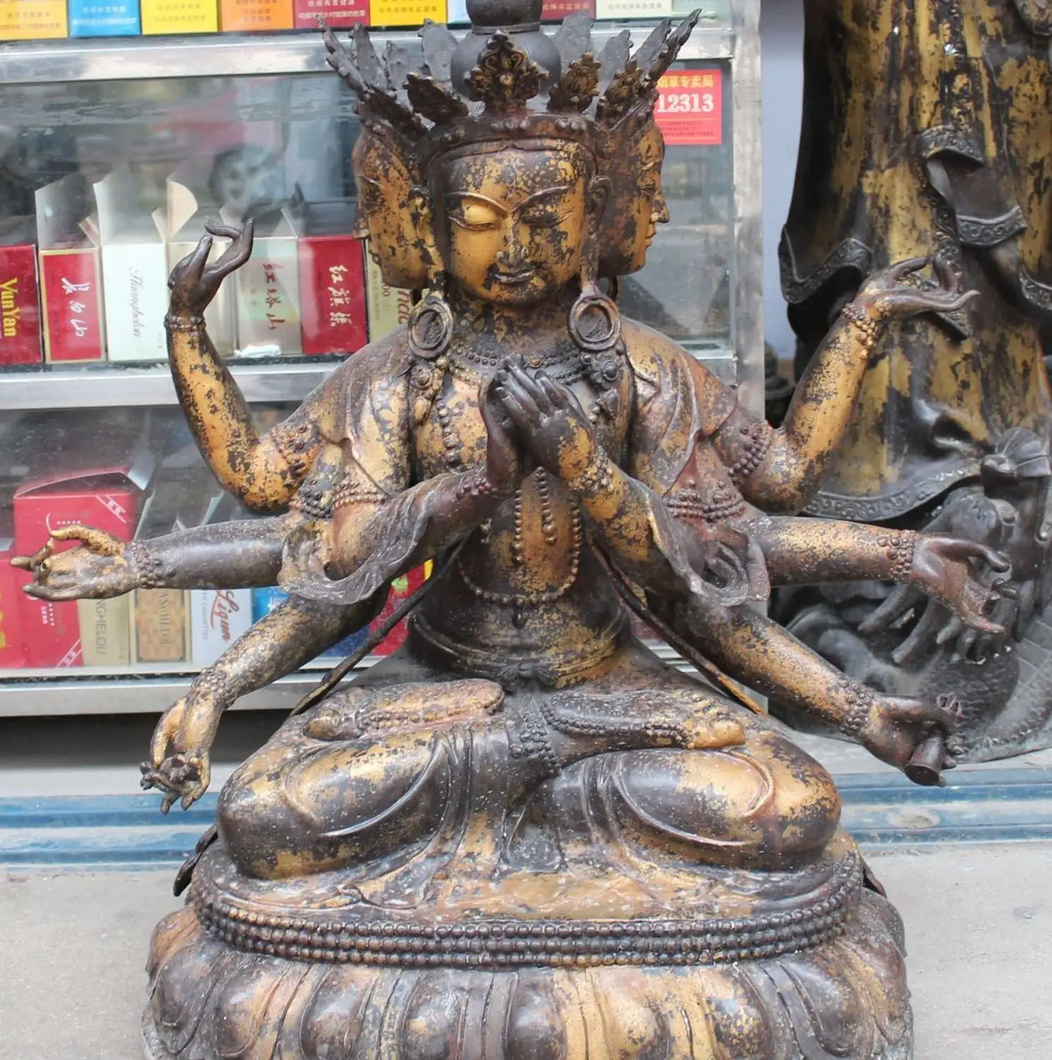 

29" Chinese Pure Bronze 3 Head 8 Arms Namgyalma & Ushnishavijaya Buddha Statue