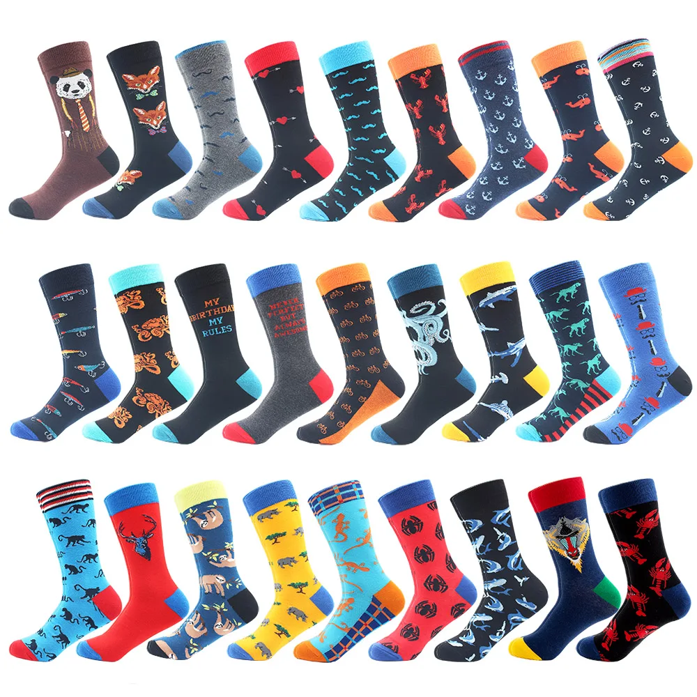 High Quality Combed Cotton Socks Animal Pattern Long Tube Funny Happy Men Socks Novelty Skateboard Crew Casual Crazy Socks men cartoon socks anime funny happy combed cotton fruit rhombus crew socks men s sox hip hop street fashion colorful long socks