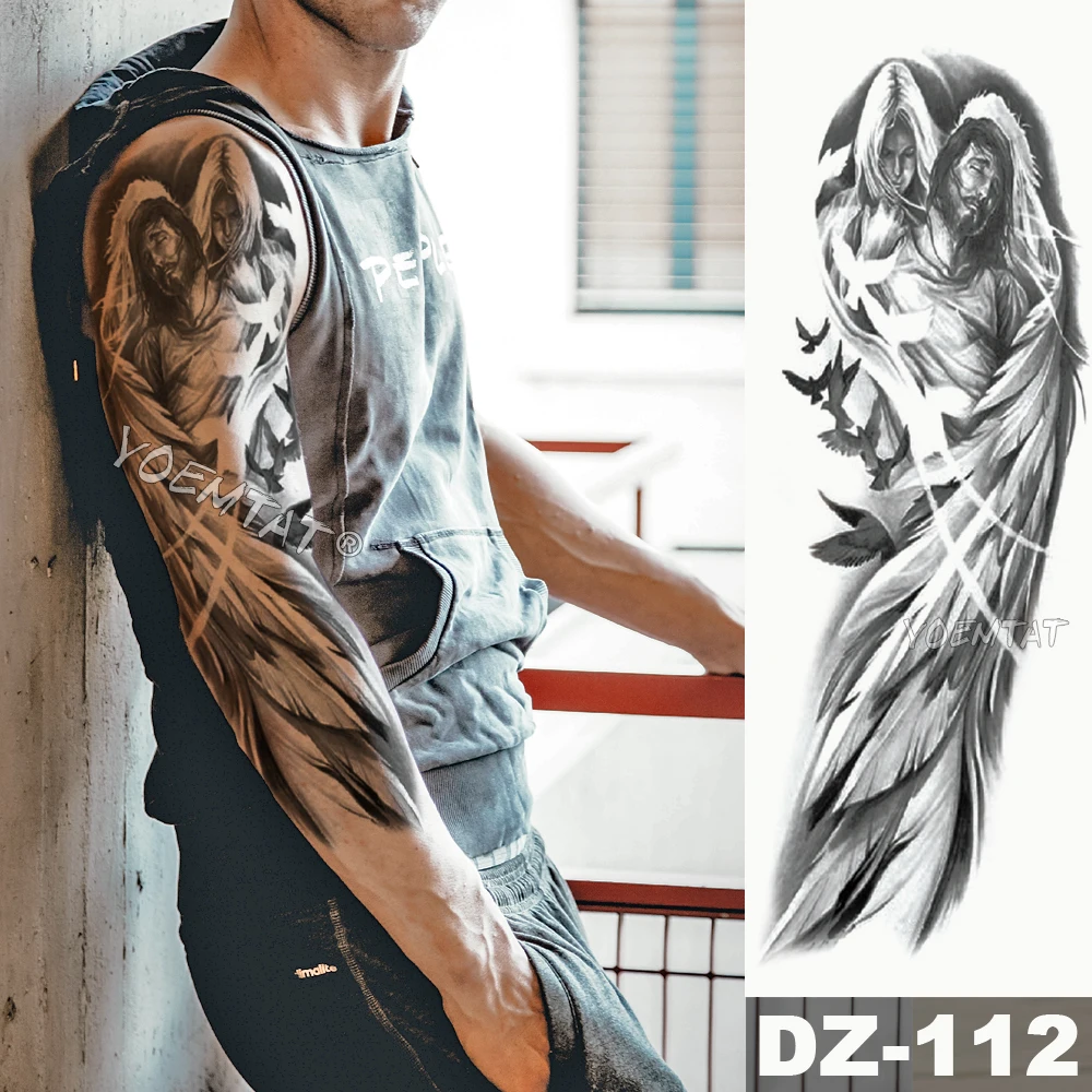 Большая татуировка на руку, крылья ангела, голубь, Иисус, водонепроницаемая временная татуировка, наклейка святая Святость, Мужская татуировка, полный череп-Тотем