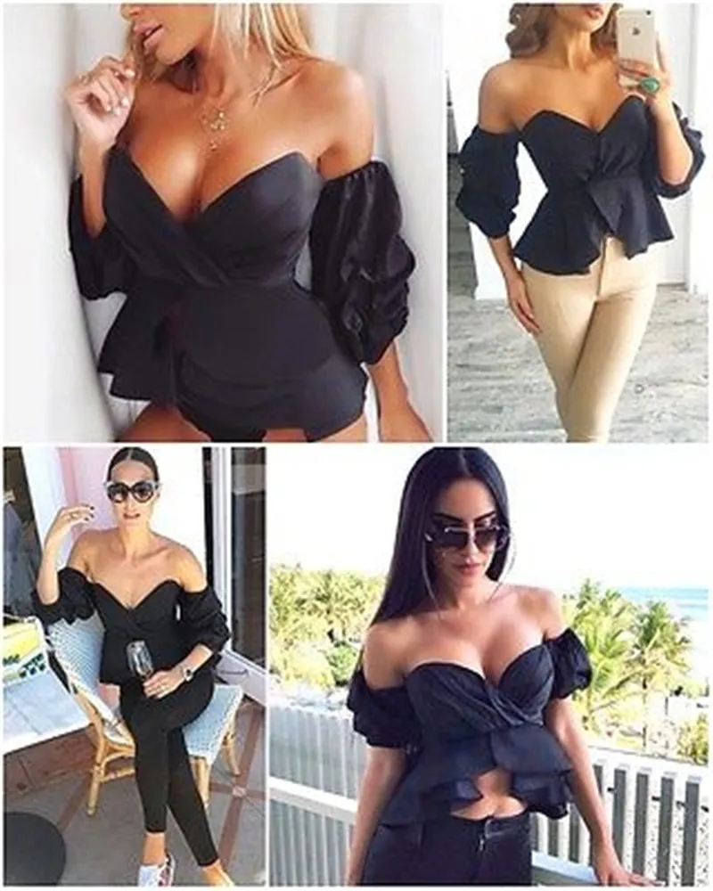 Fashion Women Off Shoulder Puff Sleeve Ruffle V-neck Peplum Crop Tops Summer Loose Strapless Casual Solid Color Shirts Blouse Fashion Women Off Shoulder Puff Sleeve Ruffle V-neck Peplum Crop Tops Summer Loose Strapless Casual Solid Color Shirts Blouse