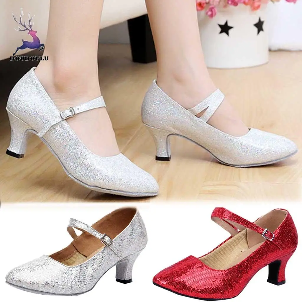 New Mid High Heels Glitter Dance Shoes Women Ballroom Latin Tango Rumba