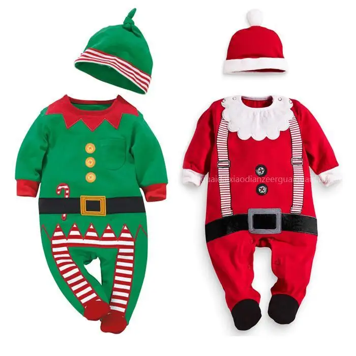 2016 Christmas Baby Boys Rompers New Year Green X'mas Outfits With Foot