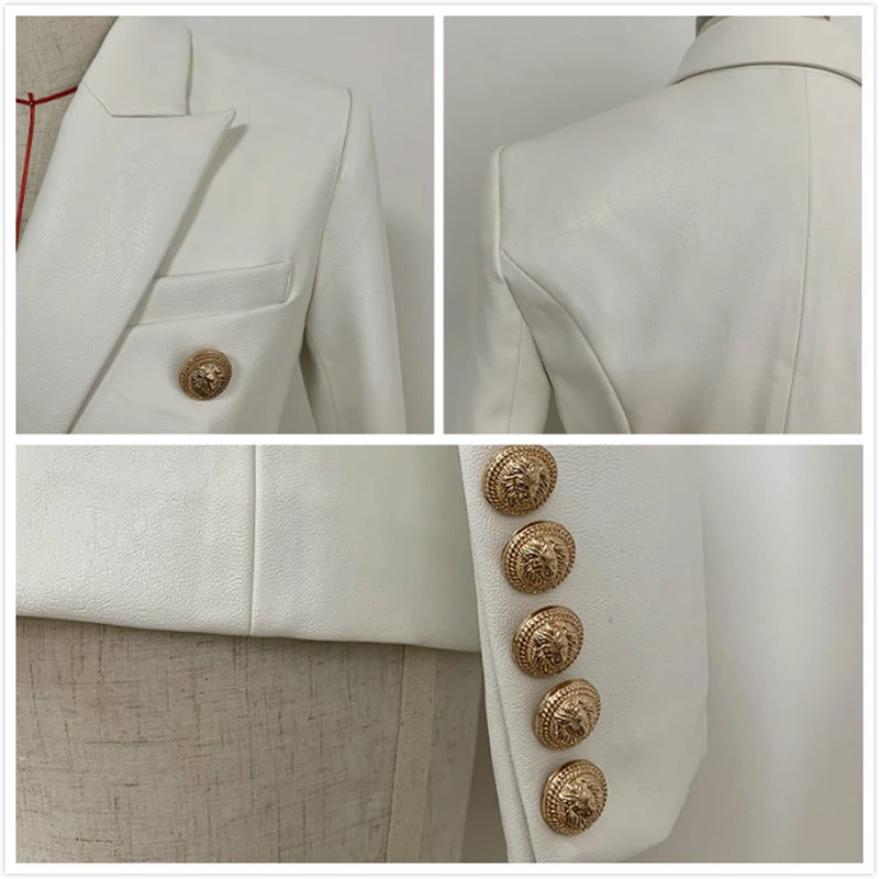 High Quality White PU Leather Jacket Blazer Women Solid Double Breasted Slim Office Lady Faux Leather Blazers Mujer Coat Female