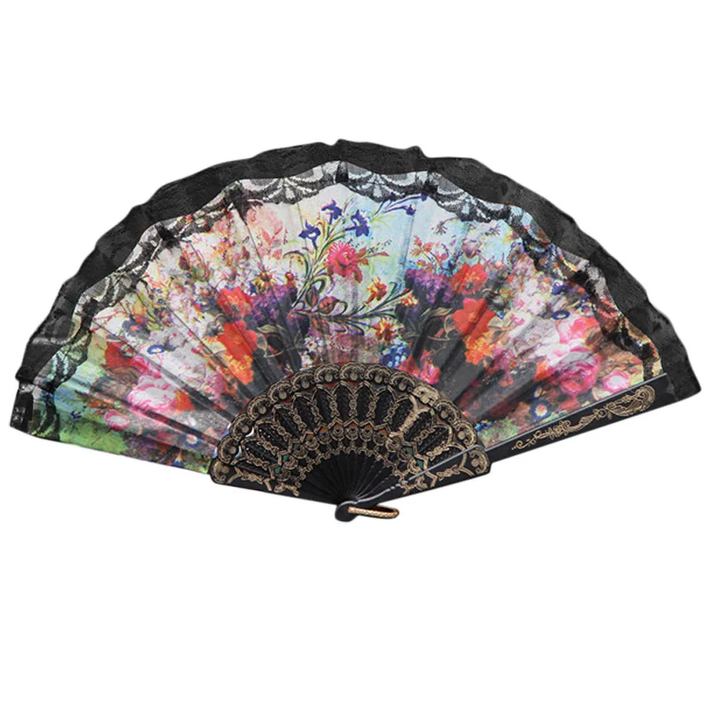 

Chinese/Spanish Style Dance Folding Fan Wedding Party Lace Silk Folding Hand Held Flower Fan Flowers Landscape Pocket Fan1.294