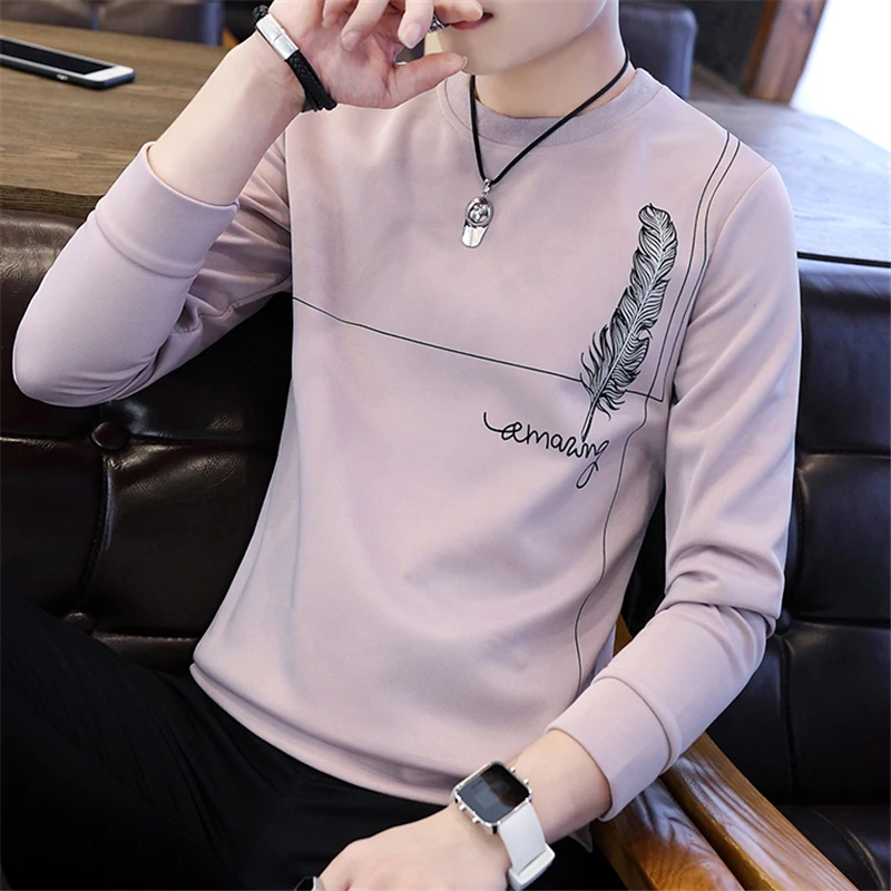 Модные тонкие футболки с длинным рукавом для студентов, мужские футболки с круглым вырезом и принтом, осенние дышащие новые корейские Стильные повседневные мягкие мужские футболки - Цвет: pink