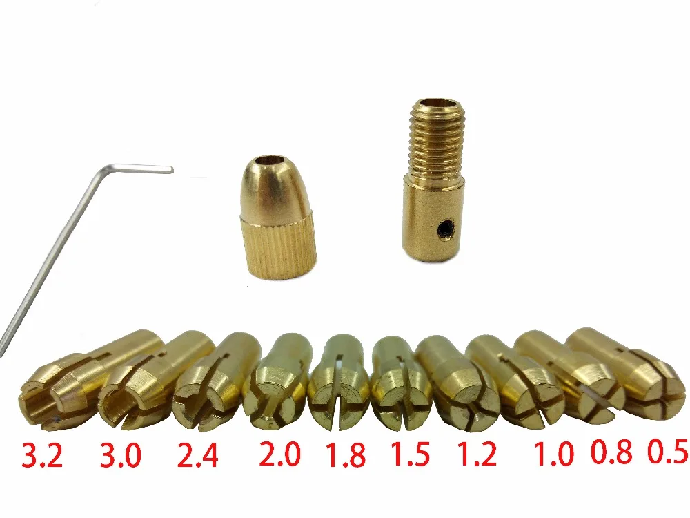 12ks / sada mini vrták s mosazným kleštinou pro rotační nástroj Dremel, včetně 0,5 / 0,8 / 1,0 / 1,2 / 1,5 / 1,8 / 2,0 / 2,4 / 3,0 / 3,2 mm