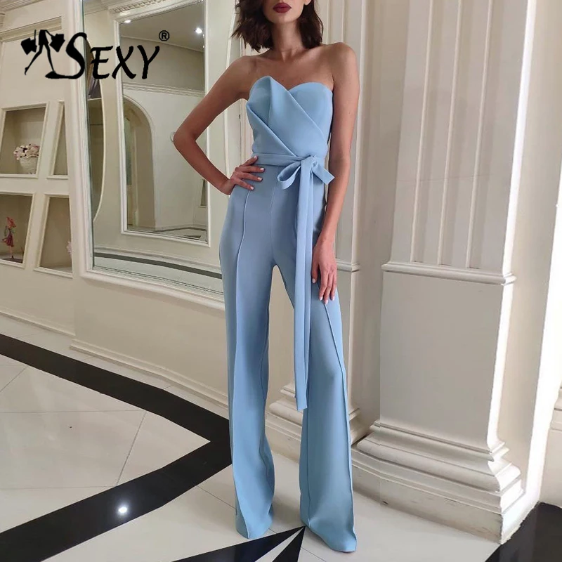 

Gosexy 2019 New Sexy Bandeau Sweetheart Neckline Sleeveless Flare Legs Pants Jumpsuit Sashes Bow Tie Women Party