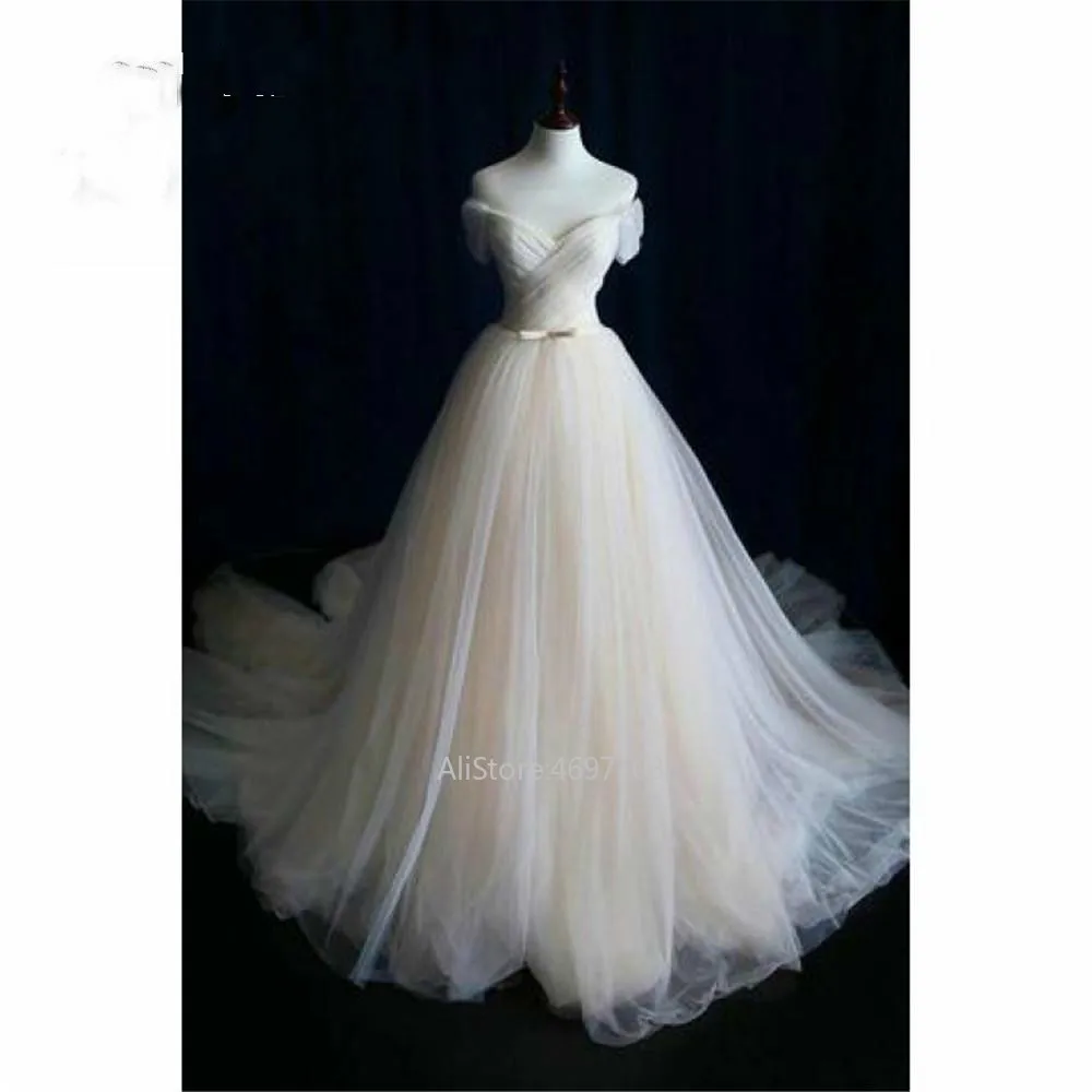 

Off Shoulder Wedding dresses Long Count Train Pleat graduation dresses Bridal Gown Dress for Wedding Formal Occasion