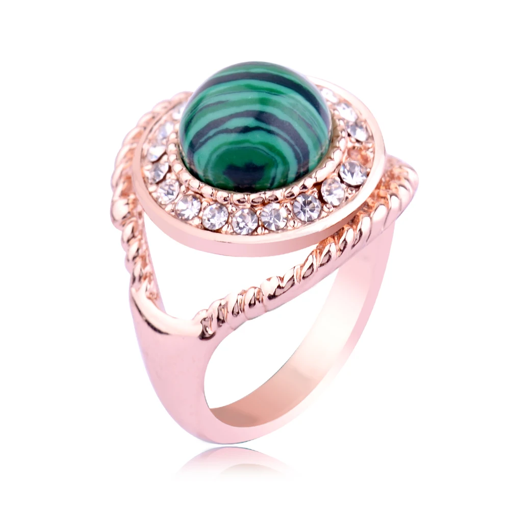 

Malachite Stone Rose Gold Ring Round Stone Setting Green Jade Aventurine Quartz Diamonds Crystal Finger Rings for Women Jewelry