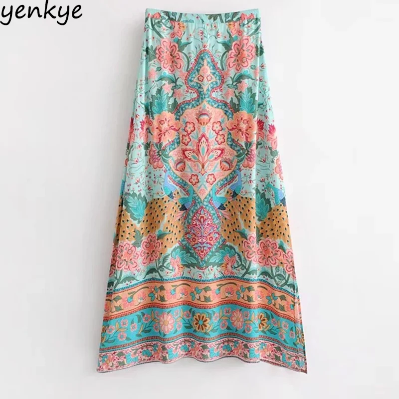 

Peacock Printed Summer Beach Boho Skirt Women Sexy Split High Waist Skirts Maxi saia Long Skirt DWDD8338