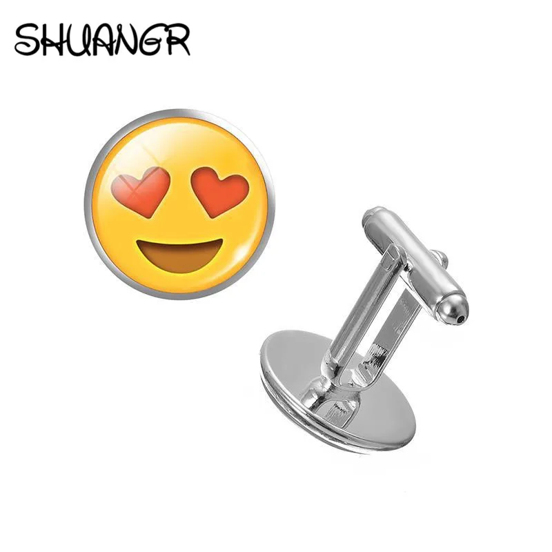 

SHUNAGR Fashion Jewelry Cufflinks Emoji Pattern Glass Cufflinks Round Silver Color Cabochon Shirt Cuff Links Party Jewelry