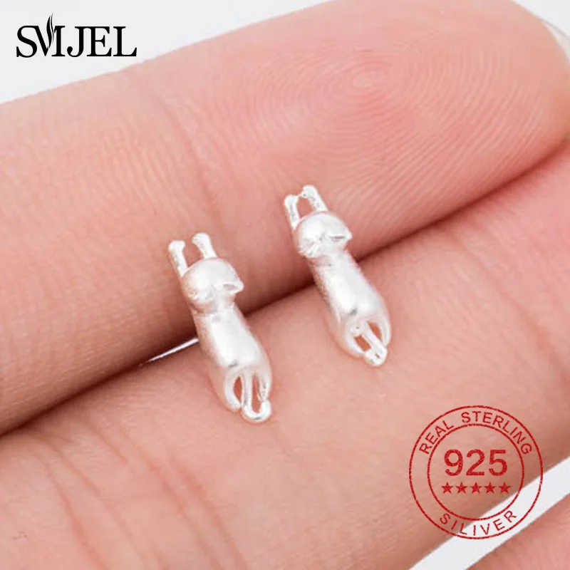 

SMJEL 100% 925 Sterling Silver Hanging Cat Earing Women Small Cute Animal Stud Earrings Girl Female Minimalist Jewelry Gifts