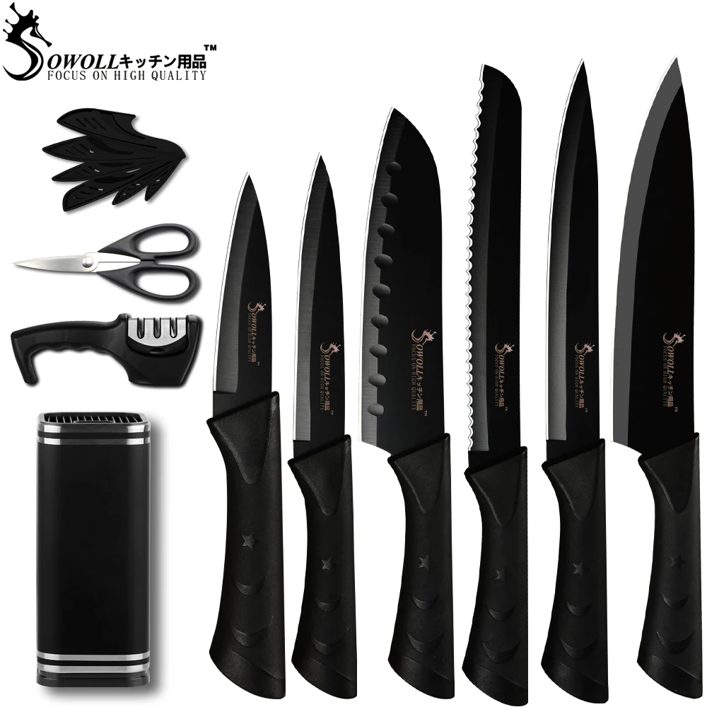 SOWOLL Stainless Steel Kitchen Knife Holder Stand Block Fruit Utility Santoku Slicing Bread Chef Knife Sharpener Scissor Gadgets
