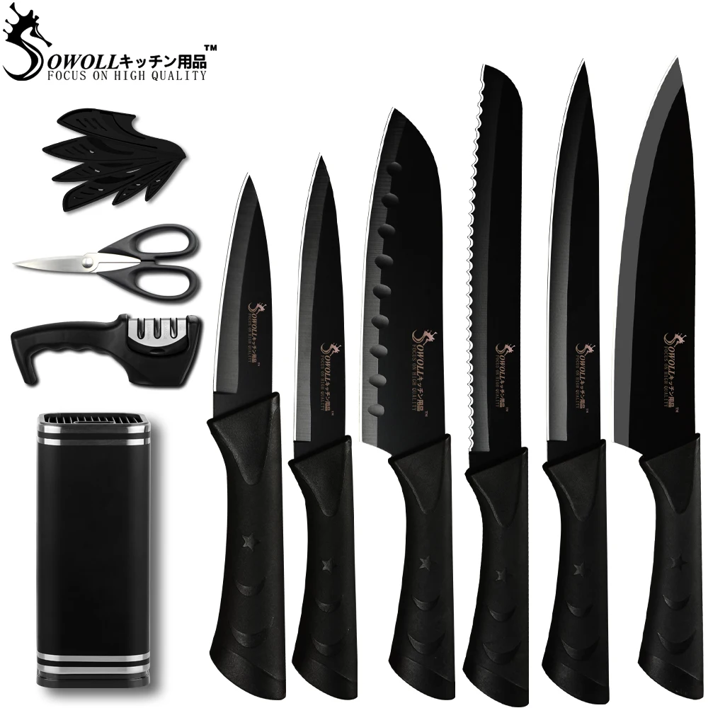 

SOWOLL Stainless Steel Kitchen Knife Holder Stand Block Fruit Utility Santoku Slicing Bread Chef Knife Sharpener Scissor Gadgets