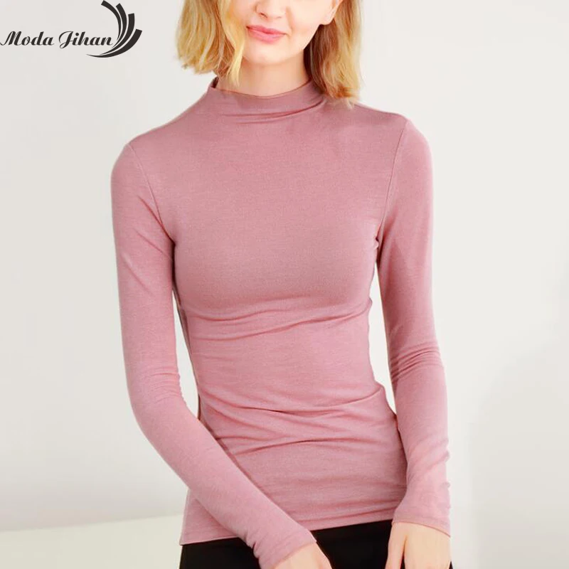 

Moda Jihan Women T-shirt Tops 2018 New Cotton Turtleneck Long Sleeve Slim Female T Shirts Base T-shirts Bottoming Basic Tees
