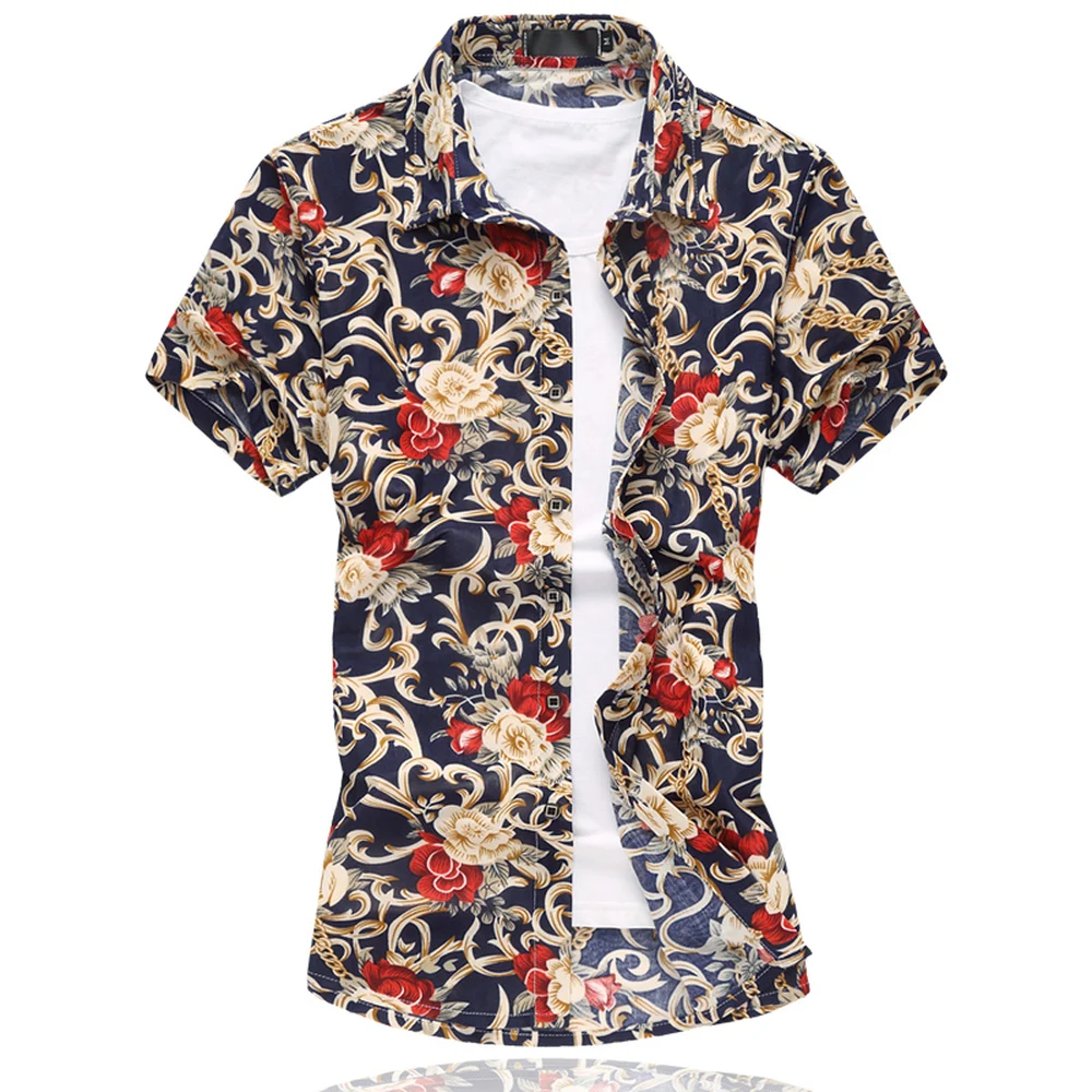 Summer Men Floral Dress Shirts Short Sleeve Luxury Mercerized Cotton