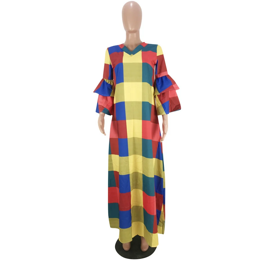 GuyuEra, африканские платья для женщин, модная распродажа, Европейская и американская мода, женская цветная клетчатая юбка с рукавами-фонариками - Цвет: Многоцветный