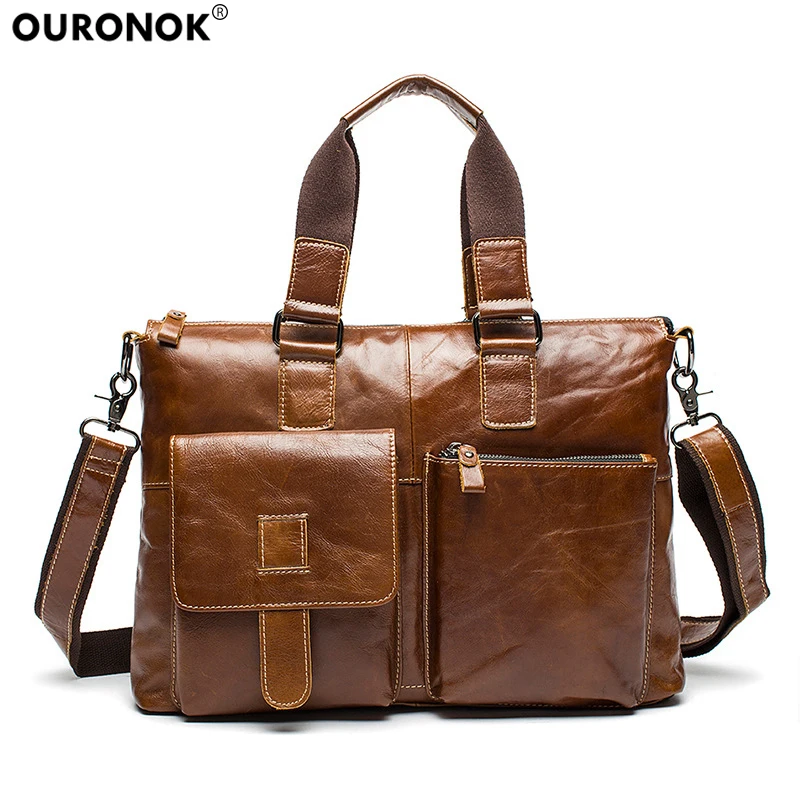 

OURONOK Europe Style Leather Men Vintage Bag Business Men's Handbags Cow Genuine Leather Men's Shoulder Retro Satchel Bag