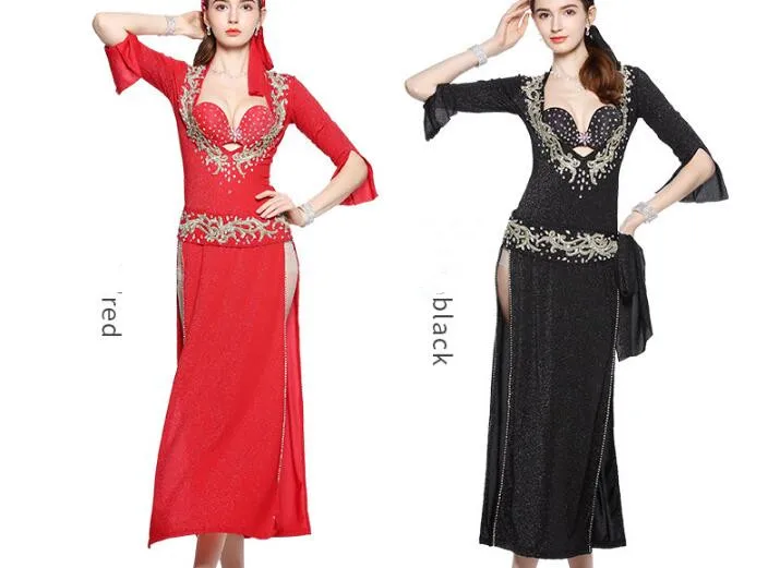 Handmade 5 Piece Sexy Egyptian Belly Dance Galabeya Abaya Iskandarani Dress Stretchy Costume Baladi/Saidi Costume Red Black