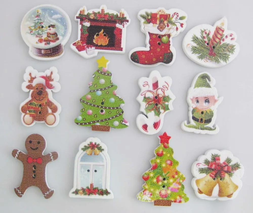 

WBNNWW Randomly 100 Pcs Assorted Patterns Christmas Buttons for Craft 25mm 30mm wood button flatback sewing accessories