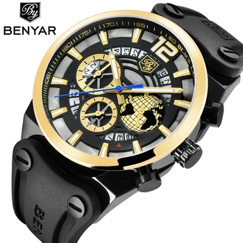 

BENYAR Mens Watches Top Brand Sport Military Men Watch Waterproof Chronograph Wrist watch Rubber gold relojes para hombre Clock