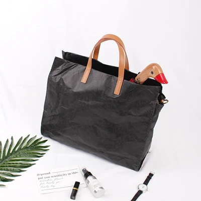 Women Handbag Shoulder Bag Tyvek Messenger Bag New Kraft Paper Ladies Large Capacity Crossbody Fashion luxury handbags - Color: Black