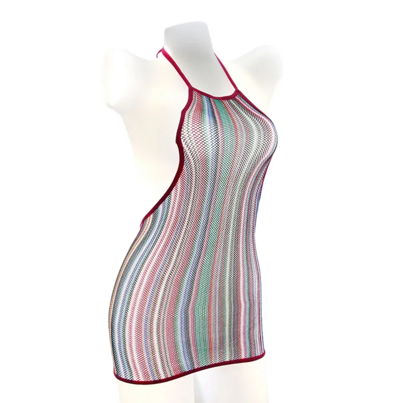 

Lady Sexy Lingerie Rainbow Color Vertical Stripe Transparent Fishnet Slim Backless Crotch Dress Sexy Baby Doll Nightdres D8027