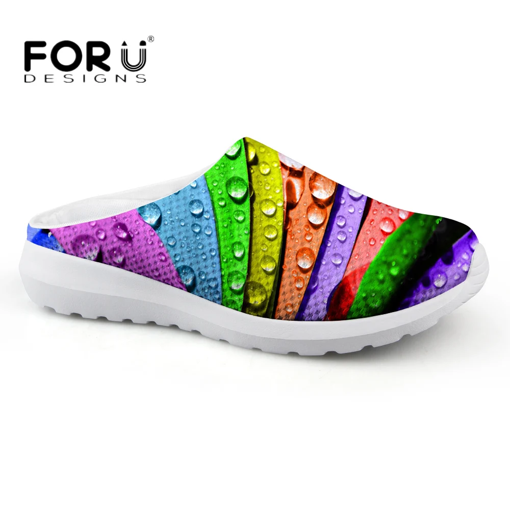 

FORUDESIGNS 3D Colorful Leaf Printed Summer Mesh Sandals Women Breathable Light Weight House Slippers for Ladies Beach Flats