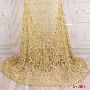 

African Lace Fabric Handmade Beads 2018 Latest Golden Yellow Lace Fabric High Quality Embroidered Tulle Lace Fabric AMY1870-1