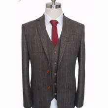 На заказ, шерстяной темно-коричневый твидовый мужской костюм с узором в елочку в британском стиле, приталенный Блейзер, Свадебный мужской костюм из 3 предметов