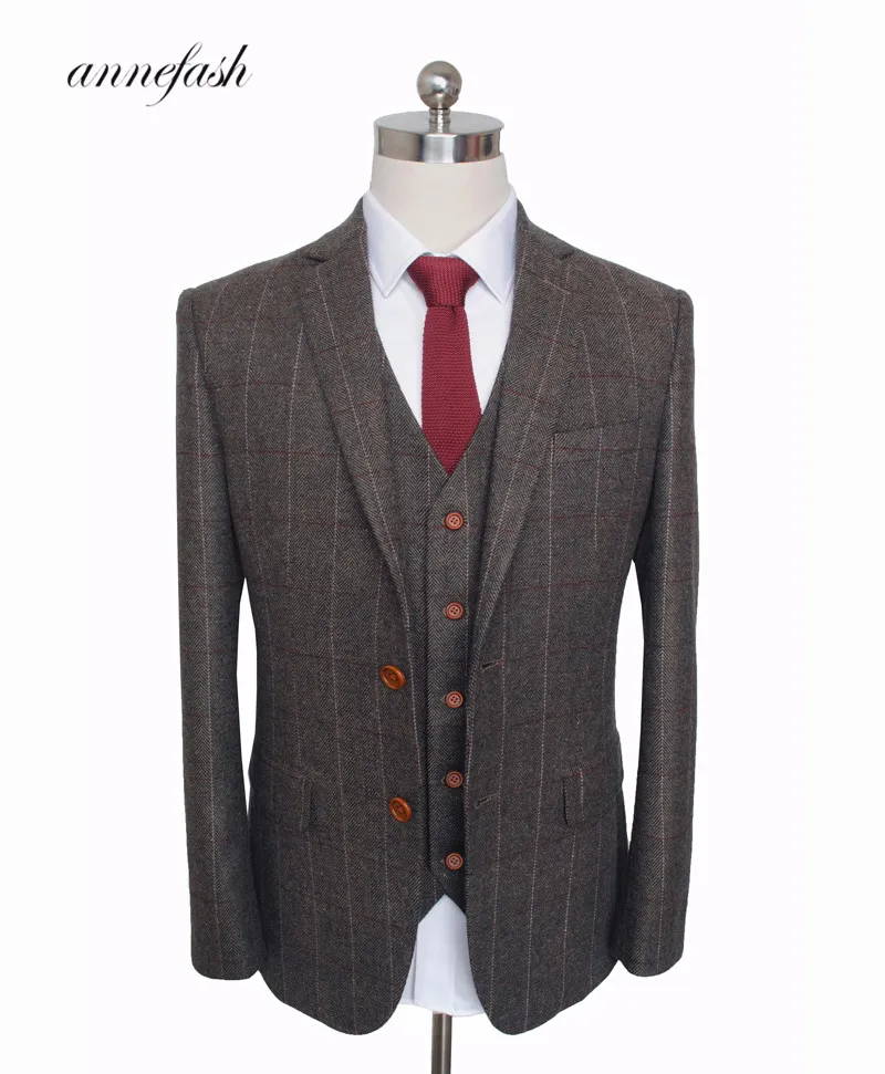 Custom Made Woolen dark brown Herringbone Tweed British style Mens suit tailor slim fit Blazer wedding men suit 3pcs