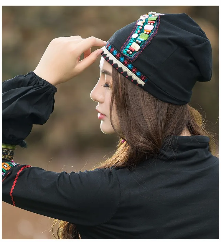 Cheshanf мексиканский стиль этнические винтажные черные синие красные банданы с бисером женская зимняя Оригинальная шапка в стиле хиппи Skullies