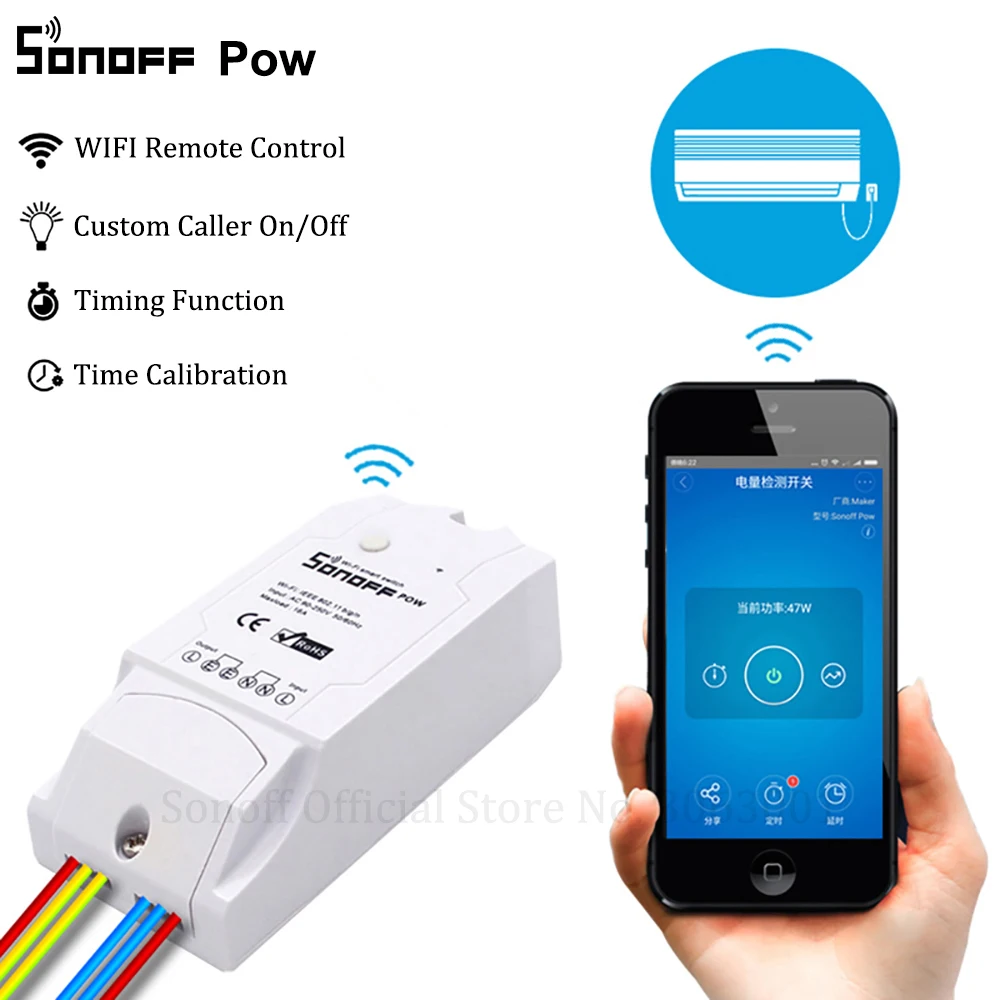Baratos Controlador de interruptor inteligente Wifi Sonoff Pow con medición de consumo de energía en tiempo Real dispositivo doméstico inteligente 15A 3500w a través de Android IOS