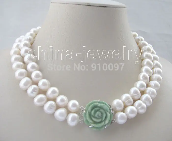 

LHX54013>>>Beautiful 17-18" 2row 13mm white flaw freshwater pearl necklace-flower jade clas