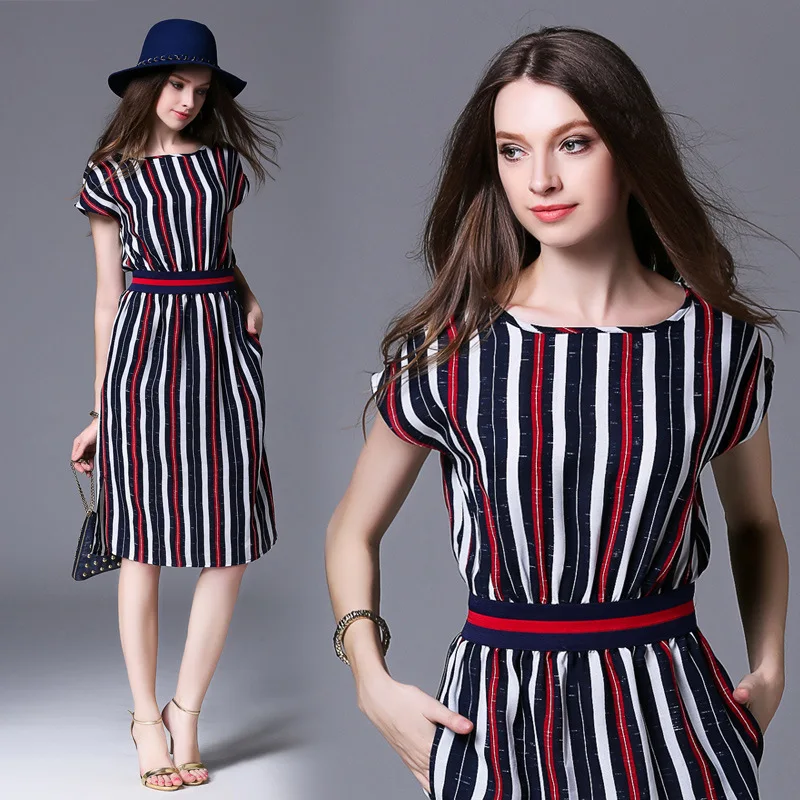 

Striped Short Batwing Sleeve Elastic Waist Tunic Midi Dress Women Elegant Sweet Office Party Dress Summer Sundress Clothing