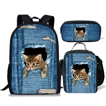 

ThiKin 3D Demin Cat Printing School Bags for Girls Boys Children School Backpack Primary Book Bag Kids Backpack Mochila