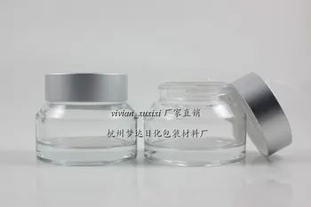 

50g clear glass cream jar with matte silver aluminum lid, 50g cosmetic jar,packing for mask or eye cream,50g glass bottle