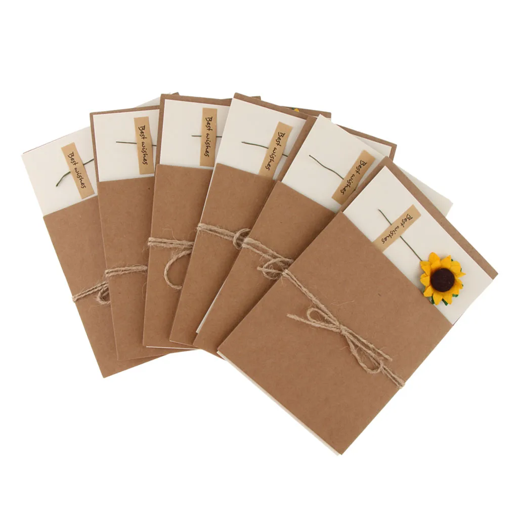 6pcs Rustic Dried Flower Kraft Paper Greeting Cards Handmade Crafts Blank Inside With Envelops