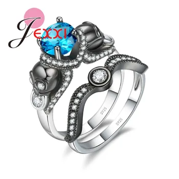

Punk Style Blue CZ Crystal with Double Skull Ring Set 925 Sterling Silver for Women Girls Party Jewelry Gigt