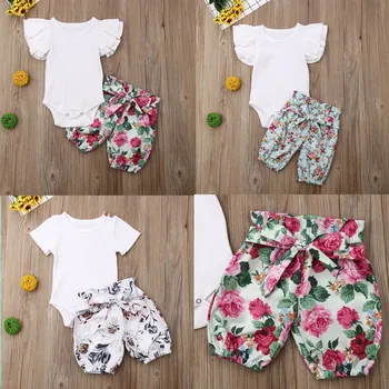 

Baby Children Girls Sets Toddler Kids white Romper bodysuits Tops Bow Floral Shorts Casual Outfits Clothes dropshipping 0-2Years