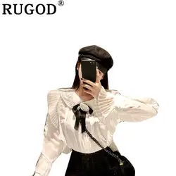 RUGOD весной новый шею рукав «фонарик» Блузка Женщины Повседневное лук корейской офис пуловер свободные топы элегантные топы и блузки