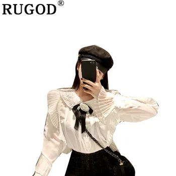 

RUGOD Spring New Round Neck flare sleeve blouse women Casual Bow korean office pullover tops tees Loose elegant Tops and Blouses
