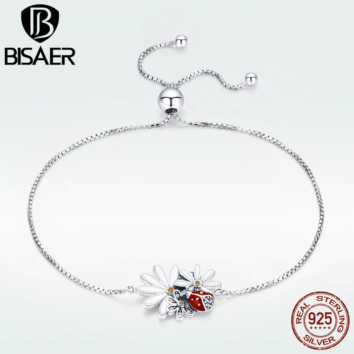 

BISAER Silver Bracelets for Women 925 Sterling Silver Enamel Flower Ladybug Insects Adjustable Bracelet Moda 2019 GXB101