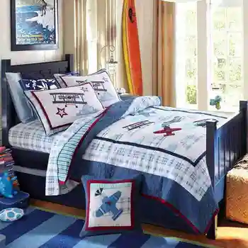 

Free shipping 100%cotton kids children cartoon anime plane 3pcs embroideried patchwork quilted single twin bedding set