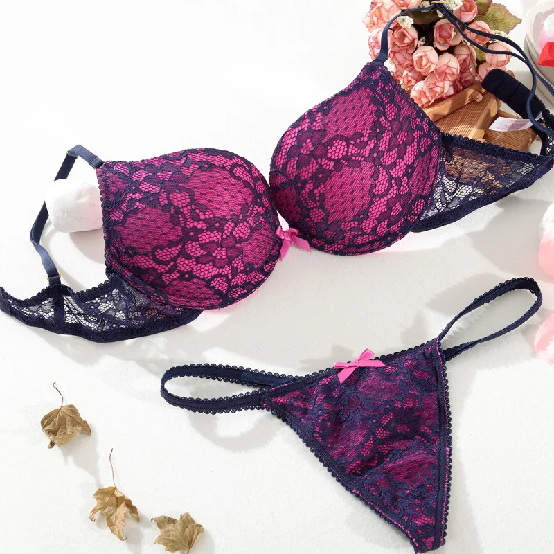 Deep V Lace Surface Push Up Sexy Bra Panty Sets Matching Bow G-string Comfortable Underwear Women Lingerie Set Intimates